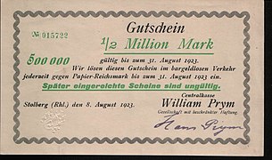 Notgeld der Firma Prym, Stolberg, unterschrieben von Hans Prym,Ausgabe 8. August 1923