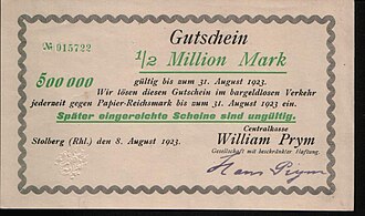 Notgeld der Firma Prym, Stolberg, unterschrieben von Hans Prym,Ausgabe 8. August 1923