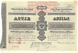 Aktie der Kaiser. Kön. privilegierten Österreichischen Länderbank über 200 öst. Goldgulden, ausgestellt in Wien am 1. Januar 1886