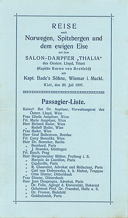 Passagierliste der 1. Reise der Thalia nach Spitzbergen, veranstaltet von Kapt. Bade's Söhne im Juli/August 1907 (206 × 121 mm)