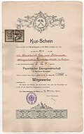 Kux-Schein der Payerbacher Eisengewerkschaft von 1900 mit zwei Stempelmarken von 1934