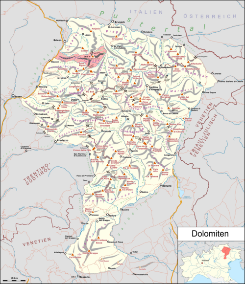 Peitlerkofelgruppe in Rot dargestellt auf der Karte der Dolomiten