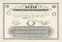 Gründeraktie der Prager Eisenbahngesellschaft über 500 Gulden, ausgestellt am 1. Mai 1828 in Prag auf den Fürsten Carl von Loewenstein-Wertheim, im Original unterschrieben u. a. von dem jüdischen Bankier Leopold von Lämel, Großfinanzier des österreichischen Staates. Als technischer Berater dieser Prag-Pilsener-Eisenbahn fungierte der Astronom, Physiker und Pionier des Eisenbahnbaus Franz Josef von Gerstner.