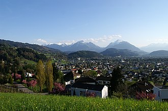 Blick von der Rebhalde, oberhalb von Röthis über die Kirchtürme von Zwischenwasser, Sulz und Rankweil