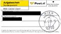 Aufgabeschein bei Sonderpostfilialen zu besonderen Anlässen; 13. Mai 2008. Mit diesem Aufgabeschein, an welchem ein Reko-Zettel angeschlossen ist, ist das Einschreibentgelt noch nicht entrichtet.