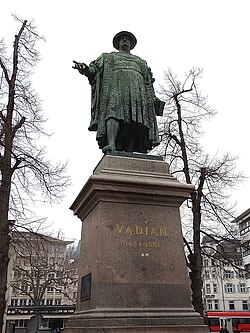 Joachim Vadian (1484–1551) Humanist. Vadiandenkmal, 1904 von Richard Kissling (1848–1919) in St. Gallen