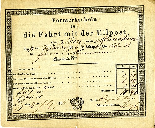 Bevorzugte Eilpost-Bestellung der Fahrkarte nach Amerika für den Hl. Johann Neumann am 18. Februar 1836