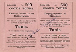 Fahrschein von Cook-Tours für einen Landausflug nach Tunis um 1908 (112 × 85 mm)