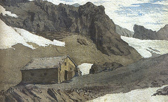 Die 1869 eröffnete Stüdlhütte in einem Gemälde eines unbekannten Malers aus dem Jahr 1874