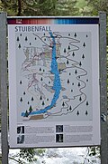 Hinweistafel zu Wasserfall, Wanderwegen, Plattformen und Klettersteig