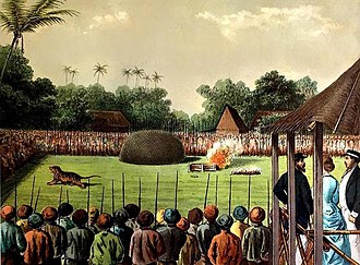 Das Erstechen von Tigern im Schauspiel Rampok am Hof des Susuhunans von Surakarta (Java). – Lithographie von Jhr. J. C. Rappard. In: Het Kamerlid van Berkenstein in Nederlandsch-Indië. Von M. T. H. Perelaer. Leiden, A. W. Sijthoff, 1888.