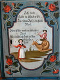 Malerei auf einem Bauernschrank mit der Szene eines jungen Liebhabers, der mit der Schneckenpost zu seiner Geliebten eilt. Museum Schloss Trautenfels, Steiermark.