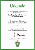 Verleihungsurkunde des Menschenrechtspreises des Landes Steiermark für Franz Leitner, 17. Dezember 2001