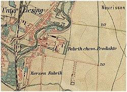 Das Werksgelände als „Fabrik chem. Produkte“ im Osten von Liesing 1872