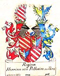 Gemehrtes Wappen der Regina Herrin von Polheim zu Parz, Zeichnung (ca. 1890) von Ernst Graf Sprinzenstein ( Familienarchiv Sprinzenstein )
