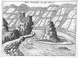 Burg Werfenstein und Insel Wörth von Westen. 1674. Stich von Georg Matthäus Vischer