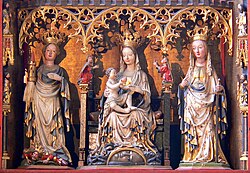 Hauptschrein unten: Hl. Barbara, Maria mit Kind, Hl. Katharina