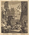 Beer Street (Bierstraße) von William Hogarth, Stahlstich um 1860 nach dem Original von 1751