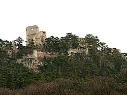 Rechts: Ruine Emmerberg aus Nord (2007), Links: Grundrisszeichnung von 1885