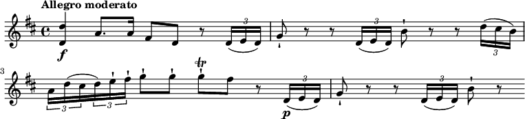 
\relative c' {
\version "2.18.2"
\key d \major
\time 4/4
\tempo "Allegro moderato"
\tempo 4 = 70
<d d'>4\f a'8. a16 fis8 d r8 \tuplet 3/2 {d16 (e d)}
g8-! r8 r8 \tuplet 3/2 {d16 (e d)} b'8-!  r8 r8  \tuplet 3/2 {d16 (cis b)}
 \tuplet 3/2 {a16 d (cis} \tuplet 3/2 {d) e-! fis-!} g8-! g-! g-! \trill  fis  r8
\tuplet 3/2 {d,16\p (e d)} g8-! r8 r8 \tuplet 3/2 {d16 (e d)} b'8-! r8
}
