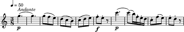 
\relative c'' {
  \version "2.18.2"
  \key c \major
  \numericTimeSignature
  \time 3/8
  \tempo 4 = 50
    g'4.\p^\markup {\italic Andante } (g4.)
    g8 (f e)  d (c b) c (d e)
    f-.\f e-. r8
    c'4.\p (c8) (b16) f-. e-. d
    c8-. f (e) e-. d-. r8
  }
