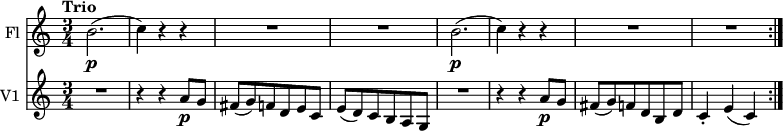 
<<
  \new Staff \with { instrumentName = #"Fl "}
  \relative c'' {
     \version "2.18.2"
     \key c \major
     \tempo "Trio"
     \time 3/4
     \set Staff.midiInstrument = "flute"
     \tempo 4 = 130
    b2. \p (c4)  r4 r4
    R2. R2.
    b2. \p (c4)  r4 r4
    R2. R2.
  }
  \new Staff \with { instrumentName = #"V1 "}
\relative c'' {
  \version "2.18.2"
    \key c \major
    \time 3/4
    \set Staff.midiInstrument = "violin"
    \tempo "Trio"
  R2. r4 r4 a8 \p g
fis (g) f d e c
e (d) c b a g
 R2. r4 r4 a'8 \p g
fis (g) f d b d
c4-. e (c) \bar ":|."
  }
>>
