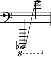  { \override Score.TimeSignature #'stencil = ##f \clef bass
  \ottava #-1 bes,,,,2  \glissando  g2 }
