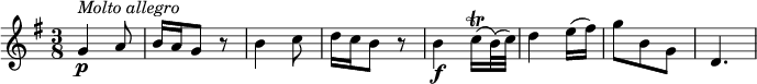 
\relative c' {
  \version "2.18.2"
  \key g \major
  \time 3/8
   g'4\p^\markup { \italic {Molto allegro}} a8
   b16 a g8 r8
   b4 c8
   d16 c b8 r8
   b4\f c16\trill (b32) (c)
   d4 e16 (fis)
   g8 b, g
   d4.
}
