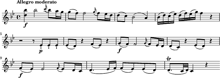 
\relative c'' {
  \version "2.18.2"
  \key bes \major
  \time 4/4
  \tempo "Allegro moderato"
  \tempo 4 = 110
  <d bes'>4\f bes'2 \grace c16 (bes8) a16 g
  g8 (f) f2 \grace g16 (f8) ees16 d
  d8 (c) bes2 (a4)
  bes16 (d) c (ees) d (f) ees (g) f4 r
  r2 r8 ees,-!\p ees-! ees-!
  ees (d) r4 f8 (ees) r4
  g8\f (f) f2 \grace g16 (f8) ees16 d
  d8 (c) r4 ees8 (d) r4
  f8\f (ees) ees2 \grace f16 (ees8) d16 c
  d4. (ees16 f) f8 (ees) ees (d)
  d8.\trill (c32 d) c4 r
}
