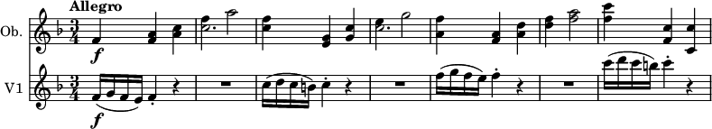 
<< 
  \new Staff \with { instrumentName = #"Ob. "}  
  \relative c'' {
    \version "2.18.2"
    \key f \major
    \tempo "Allegro"
    \time 3/4
     f,4 \f <f a> <a c>
     << \relative  {f'' a2} \relative {c''2.} >> 
     <c f>4 <e, g> <g c> 
     << \relative  {e'' g2} \relative {c''2.} >>
     <a f'>4 <f a> <a d>
     <d f> <f a>2
     <f c'>4 <f, c'> <c c'>
  }
  \new Staff \with { instrumentName = #"V1 "}
  \relative c' {
  \version "2.18.2"
  \tempo "Allegro"
  \key f \major
  \time 3/4
  f16\f (g f e) f4-. r |
  R1*3/4 |
  c'16( d c b) c4-. r |
  R1*3/4 |
  f16( g f e) f4-. r |
  R1*3/4 |
  c'16( d c b) c4-. r |
}
>>
