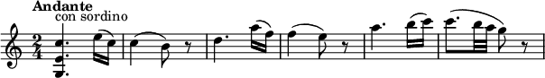 
\relative c' {
  \version "2.18.2"
  \tempo "Andante"
  \key c \major
  \time 2/4
  \tempo 4 = 70
 <g e' c'>4.^\markup {con sordino} e''16 (c) c4 (b8) r8 d4. a'16 (f) f4 (e8) r8 a4. b16 (c) c8. (b32 a g8) r8
}
