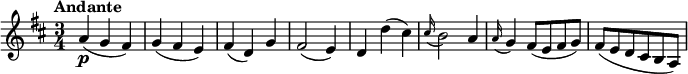 
\relative c'' {
  \version "2.18.2"
  \key d \major
  \tempo "Andante"
  \time 3/4
  \tempo 4 = 90
 a4\p (g fis)
 g (fis e)
 fis (d) g
 fis2 (e4)
 d d' (cis)
 \grace cis16 (b2) a4
 \grace a16 (g4) fis8 (e fis g)
 fis (e d cis b a)
}
