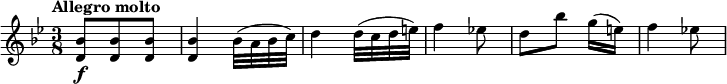 
\relative c'' {
  \version "2.18.2"
  \key bes \major
   \time 3/8
   \tempo "Allegro molto"
  \tempo 4 = 140
  <d, bes'>8 \f <d bes'> <d bes'>
   <d bes'>4 bes'32 (a bes c)
   d4 d32 (c d e)
   f4 ees!8
   d [ bes'] [g16 (e)]
   f4 ees!8
}
