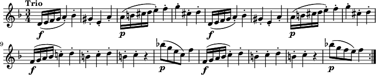 
\relative c' { 
      \version "2.18.2"
      \clef "treble" 
      \tempo "Trio" 
      \key f  \major
      \time 3/4
    d16 \f (e f g a4-.) bes-.
    gis-. e-. a-.
    a16 \p (b cis d e4-.) f-.
    g-. cis,-. d-.
    d,16 \f (e f g a4-.) bes-.
    gis-. e-. a-.
    a16 \p (b cis d e4-.) f-.
    g-. cis,-. d-.
    f,16 \f (g a bes c!4-.) d-.
    b-. c-. d-.
    b-. c-. r4
    bes'!8 \p (g e c) f4
    f, 16 \f (g a bes c4-.) d-.
    b-. c-. d-.
    b-. c-. r4
    bes'!8 \p (g f e ) f4 \bar ":|."
}
