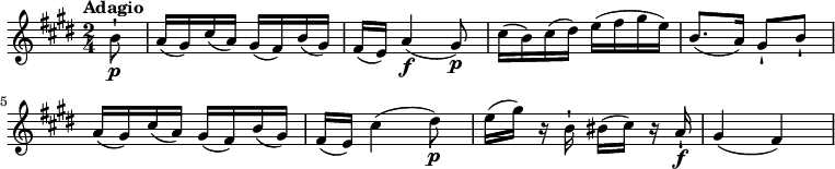 
\relative c' {
   \version "2.18.2"
   \key e \major
   \time 2/4
   \tempo "Adagio"
   \tempo 4 = 60
\partial 8 b'8-!\p
a16 (gis) cis (a) gis (fis) b (gis)
fis (e) a4\f (gis8)\p
cis16 (b) cis (dis) e (fis gis e)
b8. (a16) gis8-! b-!
a16 (gis) cis (a) gis (fis) b (gis)
fis (e) cis'4 (dis8\p)
e16 (gis) r16 b,16-! bis (cis) r16 a16-!\f
gis4 (fis)
}
