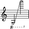  { \override Score.TimeSignature #'stencil = ##f
  \ottava #-1  g,2 \glissando  a''2 }
