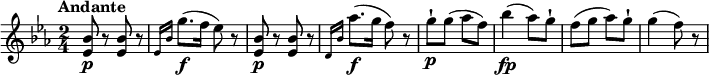 
\relative c' { 
     \version "2.18.2"
     \clef "treble" 
     \tempo "Andante" 
     \key ees  \major
      \time 2/4
    <ees bes'>8 \p r8 <ees bes'>8 r8
    \grace {ees16  bes'16} g'8. \f (f16 ees8) r8
    <ees, bes'>8 \p r8 <ees bes'>8 r8
    \grace {d16 bes'16} aes'8. \f (g16 f8) r8
    g-!\p g (aes f)
    bes4\fp (aes8) g-!
    f (g aes) g-!
    g4 (f8) r8
}
