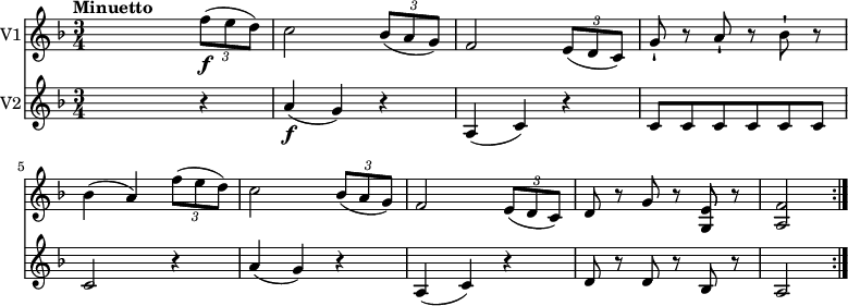 
<<
  \new Staff \with {
       instrumentName = #"V1"
     }
     \relative c'' { 
         \version "2.18.2"
         \clef "treble" 
         \tempo "Minuetto" 
         \key f \major
         \time 3/4
         \tempo 4 = 110
                s2  \tuplet 3/2 {f8\f (e d)} 
                c2 \tuplet 3/2 {bes8 (a g)} 
                f2  \tuplet 3/2 {e8 (d c)} 
                g'-! r8 a-! r8 bes8-! r8 
                bes4 (a) \tuplet 3/2 {f'8 (e d)} 
                c2 \tuplet 3/2 {bes8 (a g)} 
                f2 \tuplet 3/2 {e8 (d c)} 
               d8 r8 g8 r8 <g, e'>8 r8  
               <a f'>2 \bar ":|."
}
\new Staff \with {
         instrumentName = #"V2" }
\relative c'' { 
         \clef "treble" 
         \tempo "Andante" 
         \key f \major
         \time 3/4
           s2 r4
           a4\f (g) r4
           a, (c) r4
           c8 c c c c c
           c2 r4
            a'4 (g) r4
           a, (c) r4
           d8 r8 d8 r8 bes8 r8
           a2 \bar ":|."      
 }
>>
