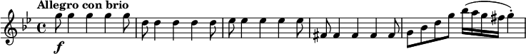 
\relative c''' {
  \set Score.tempoHideNote = ##t \tempo "Allegro con brio" 4 = 240
  \key g \minor
  g8\f g4 g g g8 |
  d8 d4 d d d8 |
  es8 es4 es es es8 |
  fis,8 fis4 fis fis fis8 |
  g8 bes d g bes16( a g fis g4)-. |
}
