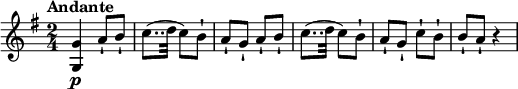 
\relative c'' {
  \version "2.18.2"
  \key g \major
  \time 2/4
  \tempo "Andante"
  < g, g'>4\p a'8-! b-! c8..
(d32 c8) b-! a-! g-! a-! b-! c8..
(d32 c8) b-! a-! g-! c-! b-! b-! a-! r4
}
