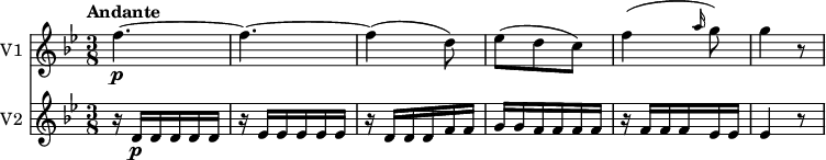 
<<
\new Staff \with { instrumentName = #"V1 "} \relative c'' {
    \version "2.18.2"
    \key bes \major 
    \tempo "Andante"
    \time 3/8
    \tempo 4 = 40	
    f4. \p~ f4.~ f4 (d8)
    ees (d c)
    f4 (\grace a16 (g8)) 
    g4 r8   
}
\new Staff \with { instrumentName = #"V2 "} \relative c'' {
    \key bes \major 
    \time 3/8
     r16 d, \p [d d d d]
     r16 ees  [ees ees ees ees]
     r16 d  [d d f f]
     g g f f f f
     r16 f  [f f ees ees]
     ees4 r8
}
>>
