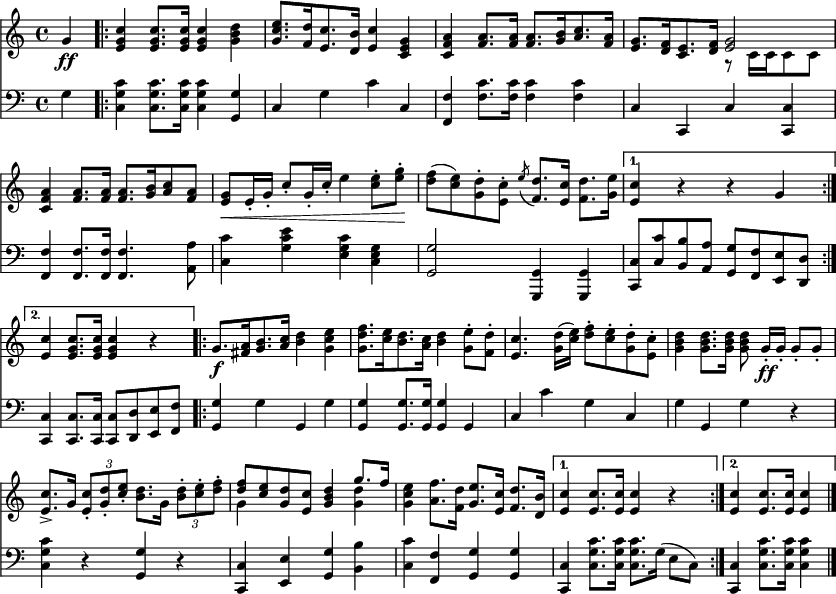 
\header { tagline = ##f }
\paper { paper-width = 230\mm }
\layout { indent = 0 \context { \Score \remove "Bar_number_engraver" } }

global = { \key c \major \time 4/4 \partial 4 }

top = \relative c'' { \global \set midiInstrument = "brass section"
  g4\ff | \repeat volta 2 { <c g e> <c g e>8. <c g e>16 <c g e>4 <d b g> |
  <e c g>8. [<d f,>16 <c e,>8. <b d,>16] <c e,>4 <g e c>|
  <a f c> <a f>8. <a f>16 <a f>8. [<b g>16 <c a>8. <a f>16] |
  <g e>8. [<f d>16 <e c>8. <f d>16] << { <g e>2 } \\ { r8 c,16 [c c8 c] } >> |
  <a' f c>4 <a f>8. <a f>16 <a f>8. [<b g>16 <c a>8 <a f>] |
  <g e>\< e16-. g-. c8-. g16-. c-. e4 <e c>8-. <g e>-.\! |
  <f d> (<e c>) <d g,>-. <c e,>-. \acciaccatura e8 <d f,>8. <c e,>16 <d f,>8. <e g,>16 | }
  \alternative { { <c e,>4 r r g } { <c e,>4 <c g e>8. <c g e>16 <c g e>4 r } }
  \repeat volta 2 { g8.\f [<a fis>16 <b g>8. <c a>16] <d b>4 <e c g> |
  <f d g,>8. [<e c>16 <d b>8. <c a>16] <d b>4 <e g,>8-. <d f,>-. |
  <c e,>4. <d g,>16 (<e c>) <f d>8-. <e c>-. <d g,>-. <c e,>-. |
  <d b g>4 <d b g>8. <d b g>16 <d b g>8 g,16-.\ff [g-.] g8-. g-. |
  <c e,>8.-> g16 \tuplet 3/2 { <c e,>8-. <d g,>-. <e c>-. } <d b>8. g,16 \tuplet 3/2 { <d' b>8-. <e c>-. <f d>-. } |
  << { <f d>8 <e c> <d g,> <c e,> <d b g>4 g8. f16 } \\ { g,4 s2 <d' g,>4 } >> |
  <e c g>4 <f a,>8. <d f,>16 <e g,>8. <c e,>16 <d f,>8. <b d,>16 | }
  \alternative { { <c e,>4 <c e,>8. <c e,>16 <c e,>4 r } { <c e,>4 <c e,>8. <c e,>16 <c e,>4 } } \bar "|."
}

bot = \relative c' { \global \set midiInstrument = "trombone"
  g4 | \repeat volta 2 { <c g c,> <c g c,>8. <c g c,>16 <c g c,>4 <g g,> | c, g' c c, |
  <f f,> <c' f,>8. <c f,>16 <c f,>4 <c f,> | c, c, c' <c c,> |
  <f f,> <f f,>8. <f f,>16 <f f,>4. <a a,>8 |
  <c c,>4 <e c g> <c g e> <g e c> | <g g,>2 <g, g,>4 <g g,> | }
  \alternative { { <c c,>8 <c' c,> <b b,> <a a,> <g g,> <f f,> <e e,> <d d,> }
    { <c c,>4 <c c,>8. <c c,>16 <c c,>8 <d d,> <e e,> <f f,> } }
  \repeat volta 2 { <g g,>4 g g, g' | <g g,> <g g,>8. <g g,>16 <g g,>4 g, | c c' g c, |
    g' g, g' r | <c g c,> r <g g,> r | <c, c,> <e e,> <g g,> <b b,> | <c c,> <f, f,> <g g,> <g g,> | }
    \alternative { { <c, c,> <c' g c,>8. <c g c,>16 <c g c,>8. g16 (e8 c) }
    { <c c,>4 <c' g c,>8. <c g c,>16 <c g c,>4 } }
}

\score {
  <<
    \new Staff \top
    \new Staff { \clef bass \bot }
  >>
  \layout { }
}
\score { \unfoldRepeats { << \top \\ \bot >> }
  \midi { \tempo 4=108
    \context { \Score midiChannelMapping = #'instrument }
    \context { \Staff \remove "Staff_performer" }
    \context { \Voice \consists "Staff_performer" }
  }
}
