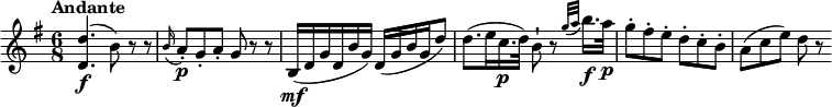 
\relative c'' {
  \version "2.18.2"
  \key g \major
  \time 6/8
  \tempo "Andante"
  \tempo 4 = 80
  <d, d'>4. \f (b'8) r8 r8
  \grace b16 (a8)-. \p g-. a-. g r8 r8
  b,16\mf ([  d  g d b' g]) d ( [g b g d'8])
  d8. (e16 c16.\p d32) b8-! r8 \grace {g'32 ([a]} b16.)\f a32\p
  g8-. fis-. e-. d-. c-. b-.
  a (c e) d r8 
}
