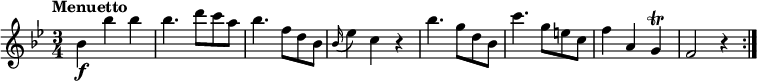 
\relative c'' {
  \version "2.18.2"
    \key bes \major
    \time 3/4
    \tempo "Menuetto"
   bes4\f bes' bes
   bes4. d8 c a
   bes4.  f8 d bes
    \grace bes16 (ees4) c r4
    bes'4. g8 d bes
    c'4. g8 e c
    f4 a, g  \trill
    f2 r4 \bar ":|."
  }
