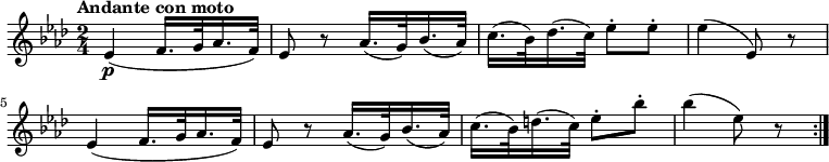 
\version "2.14.2"
 \relative c' {
         \clef "treble" 
         \tempo "Andante con moto"
         \key aes \major
         \time 2/4 
         \tempo 4 = 60
      ees4\p (f16. g32 aes16. f32)
      ees8 r8 aes16. (g32) bes16. (aes32)
      c16. (bes32) des16. (c32) ees8-. ees-.
      ees4 (ees,8) r8
      ees4 (f16. g32 aes16. f32)
      ees8 r8 aes16. (g32) bes16. (aes32)
      c16. (bes32) d16. (c32) ees8-. bes'-.
      bes4 (ees,8) r8 \bar ":|."
}
