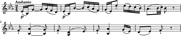 
\relative c'' {
  \version "2.18.2"
    \key ees \major
    \time 2/4
    \tempo "Andante"
   ees,16\p (bes) g'8~ g16 aes (f d)
   ees16\p (bes) bes'8~ bes16 c (aes f)
  g (ees) ees'8-! ees16 (d) c (bes)
  aes8. (bes32 c) bes8 r8
  f-! << {bes,4  ~ bes8} { aes'4 ^ (g8)} >>
  f8-! <aes, d>4 ^(ees'8)
  f8-! <bes, aes'>4 g'16 (ees)
  d8 (ees) f-! r8
  }
