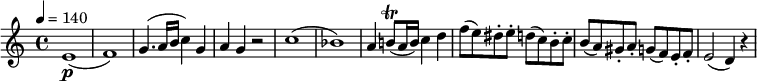 
\relative c'' {
  \version "2.18.2"
    \key c \major
    \time 4/4
    \tempo 4 = 140
    \tempo "Allegro spiritoso"
  e,1\p ( f )  
   g4. (a16 b  c4) g
   a  g  r2
   c1 (bes)
   a4 b!8\trill (a16 b) c4 d
   f8 (e) dis-. e-. d (c) b-. c-.
   b (a) gis-. a-. g (f) e-. f-.
   e2 (d4) r4
  }
