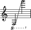  { \override Score.TimeSignature #'stencil = ##f
   \ottava #-1 f,2 \glissando g''2 }
