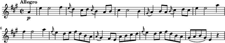 
\relative c'' {
    \version "2.18.2"
    \key a \major 
    \tempo "Allegro"
    \time 2/2
   \tempo 4 = 130
    \partial2  \partial4  a4\p e'4 e2 fis4
    \grace e16 (d4) cis8 d \grace cis16 (b4) a8 b
    cis4 cis2 b4
     \grace gis16 (a4) b8 a  \grace b16 (cis4) d8 cis
     e4 e2 a4 fis4 fis2 a4
     \grace fis16 (e4) d8 e fis d b a
     \grace a16 (gis4) fis8 e a b cis d
     \grace fis16 (e4) d8 e fis d b a
     gis (a b gis) e4 r4 
}
