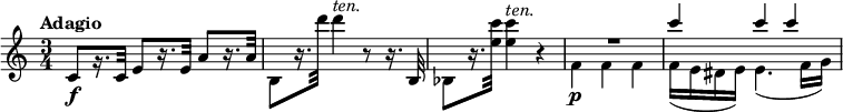 
\relative c' {
  \override Score.NonMusicalPaperColumn #'line-break-permission = ##f
  \version "2.18.2"
  \tempo "Adagio"
  \time 3/4
  \tempo 4 = 50	
   c8\f[ r16. c32] e8[ r16. e32] a8[ r16. a32] |
  b,8[ r16. d''32] d4^\markup { \italic ten. } r8 r16. b,,32 |
  bes8[ r16. <e' c'>32] q4^\markup { \italic ten. } r |
  << {\voiceOne R1*3/4 | c'4 c c | }
  \\ {\voiceTwo f,,4\p f f | f16( e dis e) e4.( f16 g) | }
  >>
}
